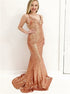 Mermaid Deep V Neck Gold Sequined Criss Cross Straps Prom Dress LBQ0382